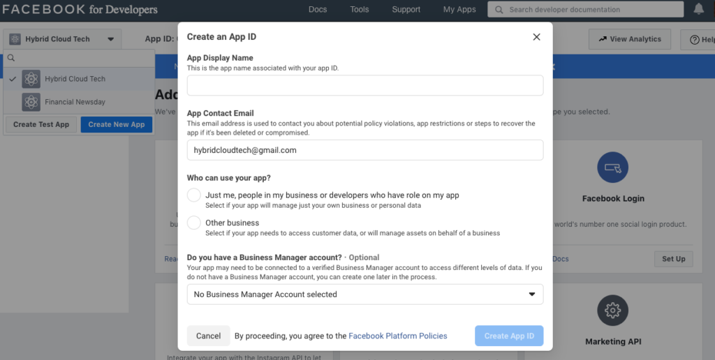 Facebook ID -Input Your New App’s Information