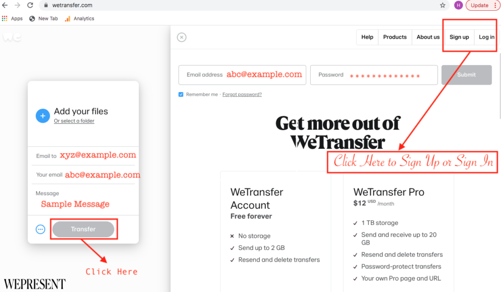 Register a new account or Sign in to WeTransfer