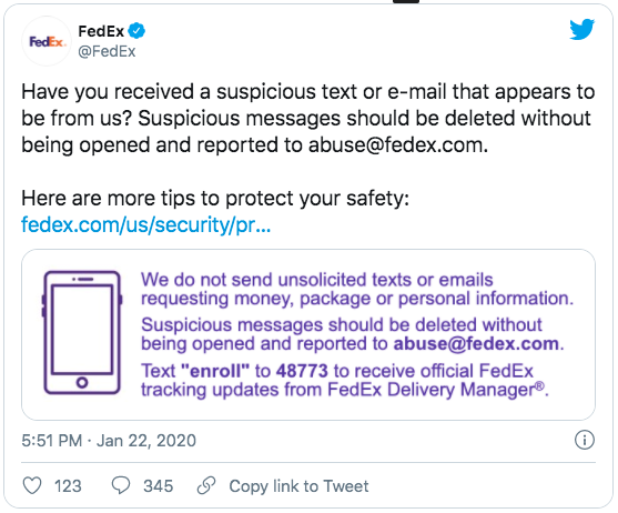 Warning Message from FedEx About Scam Mail and Text Message