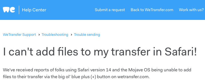Add files to We Transfer troubleshooting