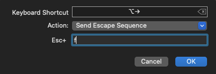 Adding f to Esc+ on my iTerm2.