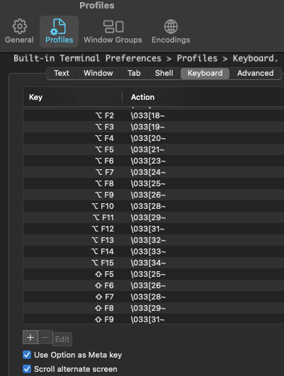 Built-in Terminal Preferences > Profiles > Keyboard.