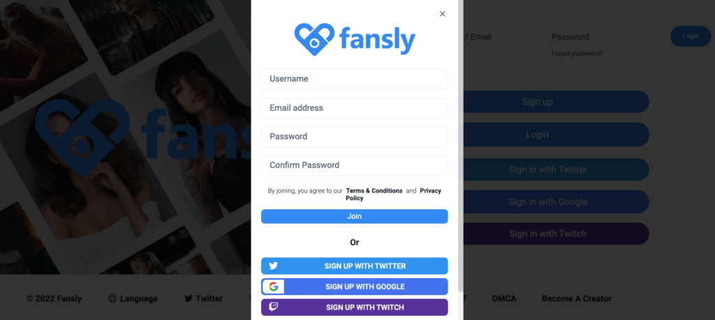 Fansly App Signup page