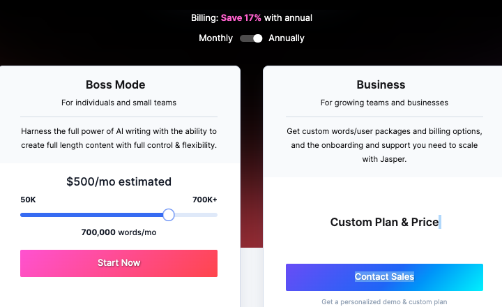 Jasper AI pricing boos mode and Business Mode sample