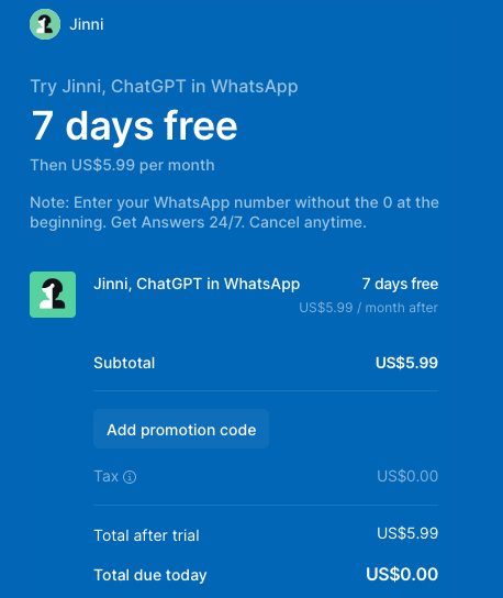Jinni ChatGPT WhatsApp bot pricing