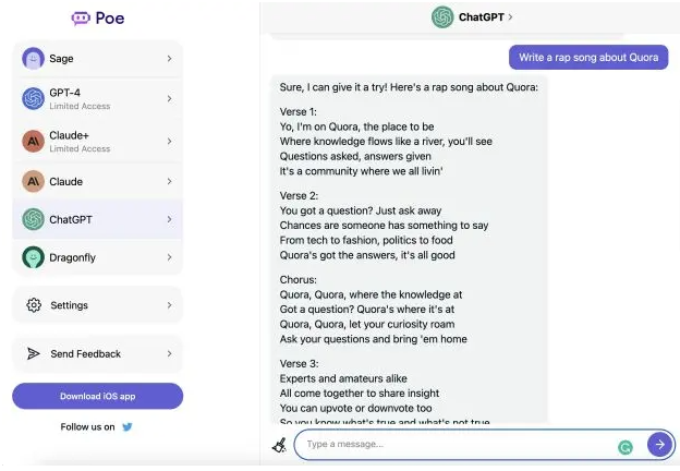 Quora Poe chatbot page