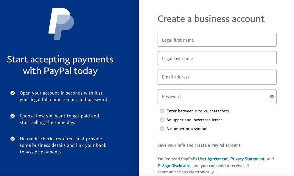 Create a Business account Start accepting payments with PayPal today