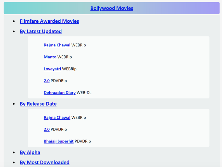 Select Bollywood Movies from the FZmovies.net categories