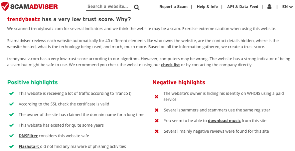 Trendybeatz.com has a very low trust score. Why?
