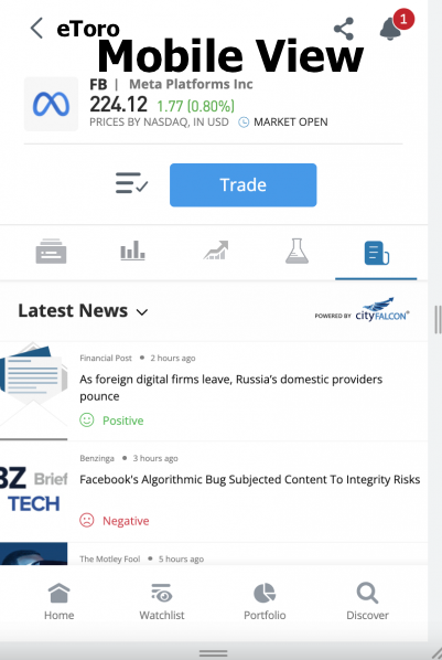 eToro App Mobile view – Overall Best Stock Trading App