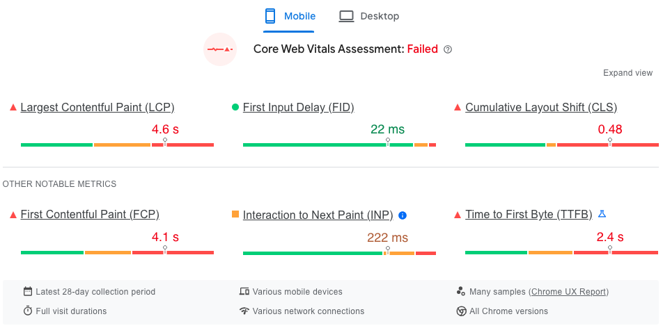 Core Web Vitals Assessment sample