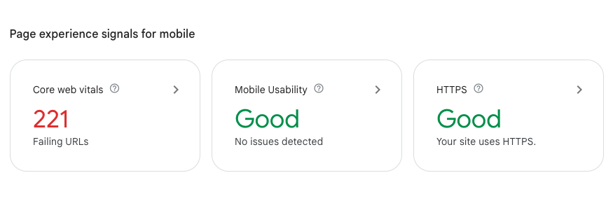 Page experience signals for mobile on Google Search Console