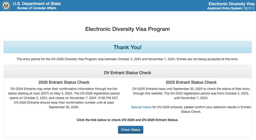 Electronic Diversity Visa Program Application Page